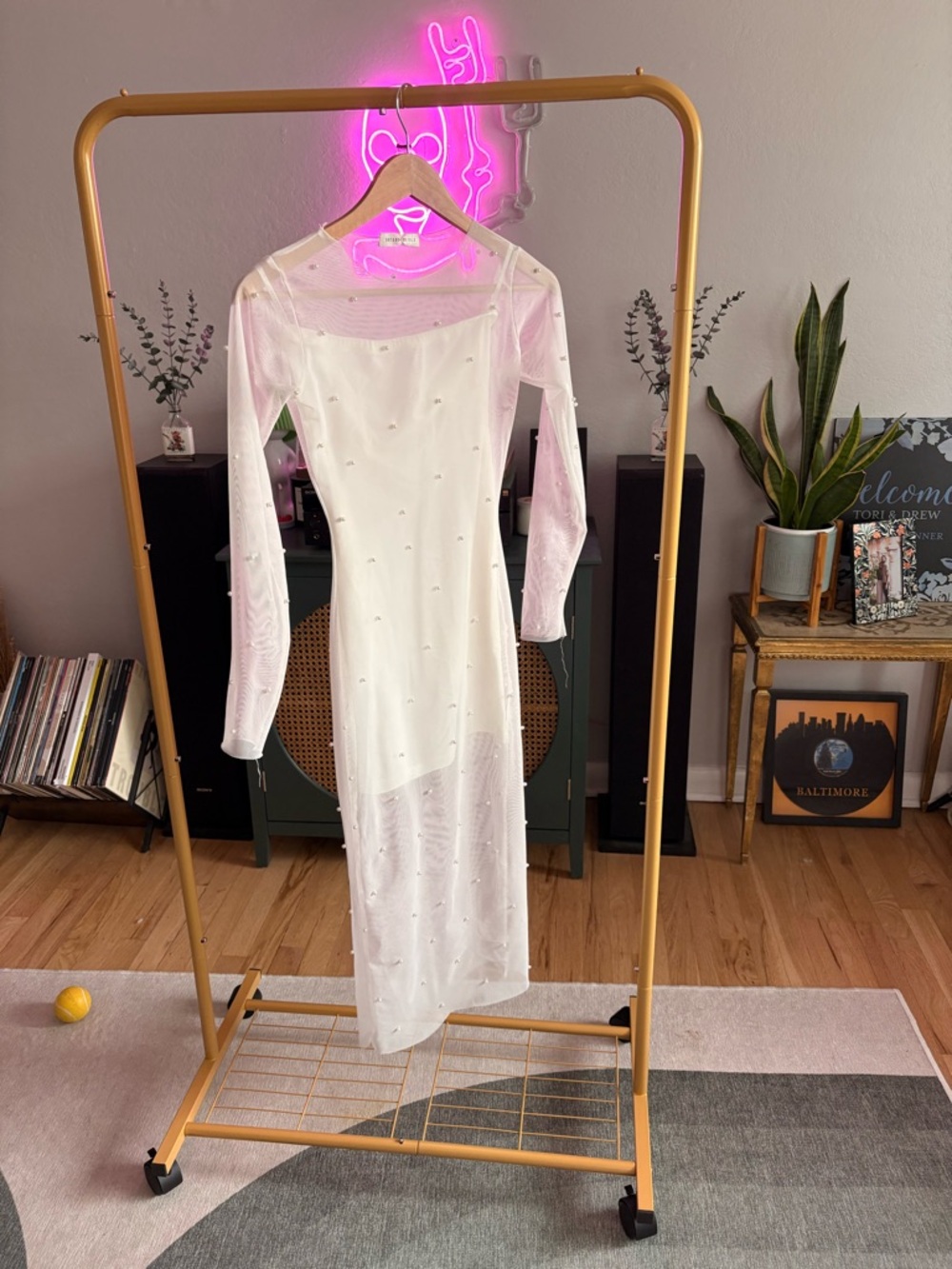 UNTAMED PETALS BY AMANDA JUDGE Sheer White Long Sleeve Mesh Midi Dress